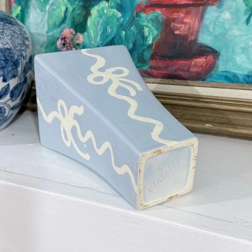 Blue Ceramic Vase Hand-Painted Ribbons